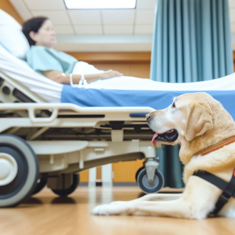 A photorealistic image of a service dog attentively sitting beside the bed of its handler, who is a patient in a hospital room. The service dog is focused on the handler, providing emotional and physical support, showcasing the special bond they share.