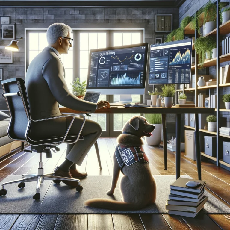 A person in their late 50s focused on digital marketing tasks at their computer in a home office setting, with Sasha, their service dog, sitting loyally by their side.