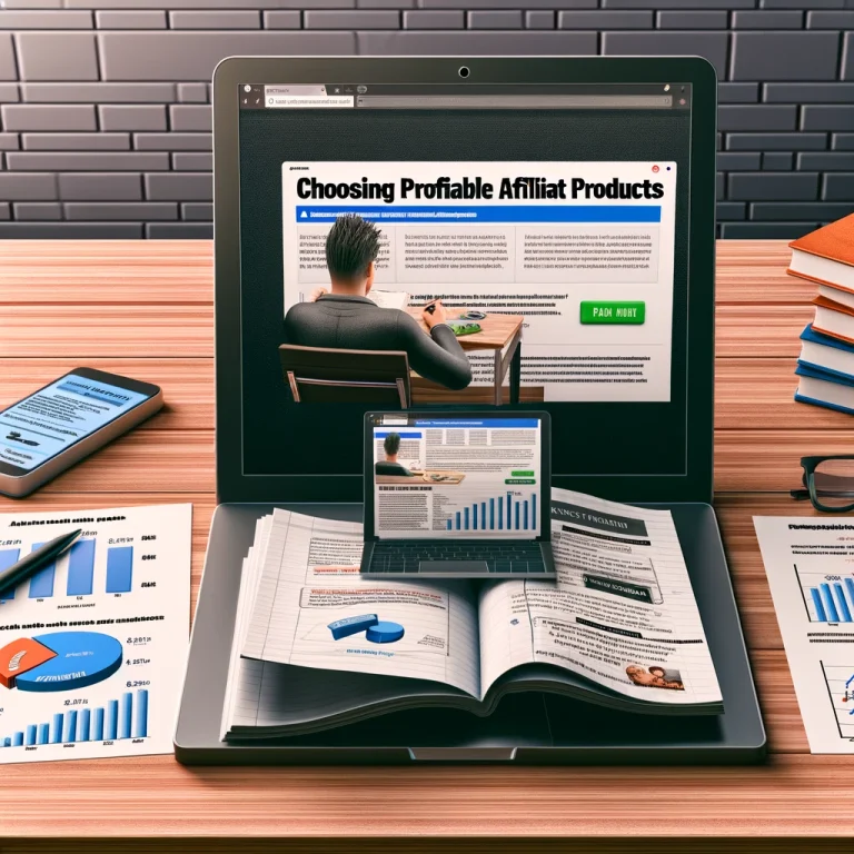 An individual analyzing profitable affiliate products at a desk, with a laptop showing affiliate marketing research, graphs of market trends, and a smartphone displaying product reviews.