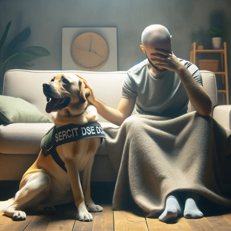 A photorealistic image of a service dog sitting calmly beside an individual who appears to be in a state of emotional distress. The setting is a comfortable, quiet room, highlighting the dog's role in providing mental health support.