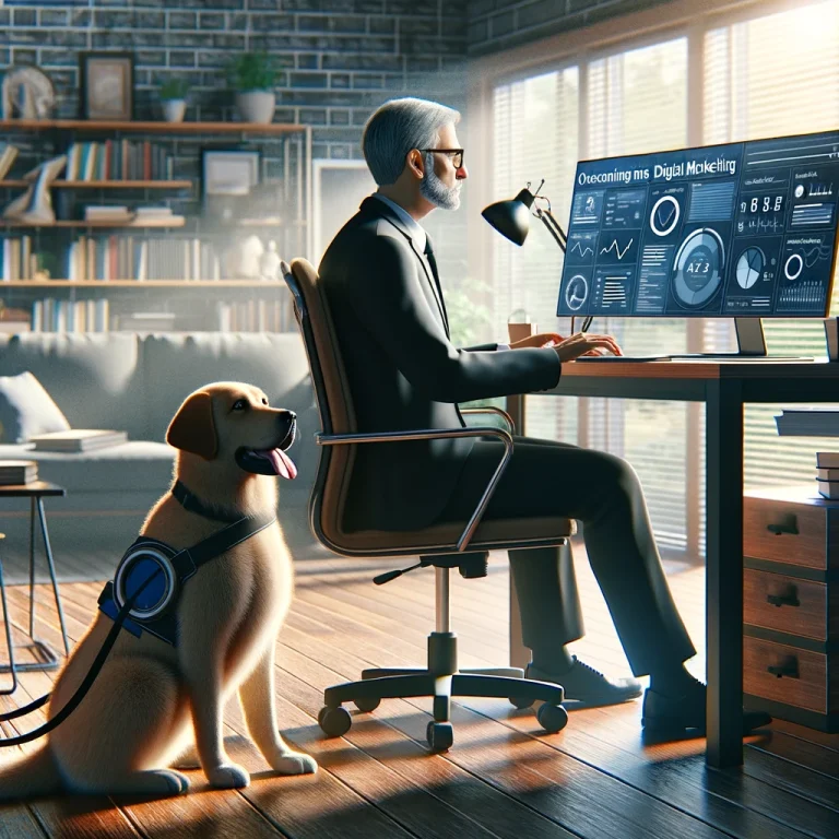 A person in their late 50s is working on a computer in a home office setting, focusing on digital marketing tasks, with their service dog Sasha providing support beside them.