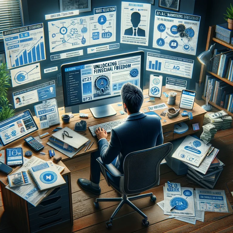 A person in a home office working on affiliate marketing strategies, with a computer showing email marketing and social media, surrounded by notes on niche selection and SEO.