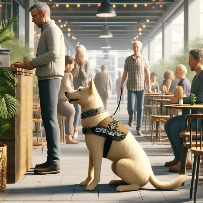 A photorealistic image showing a service dog in a vest, attentively focused on its handler in a public setting, while surrounding people respectfully maintain distance and refrain from interacting with the dog.