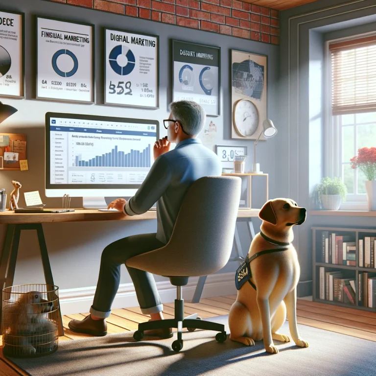 A person in their late 50s is focused on their computer screen, engaged in digital marketing tasks in a home office setting. Beside them, their service dog, Sasha, sits, providing emotional support and companionship.