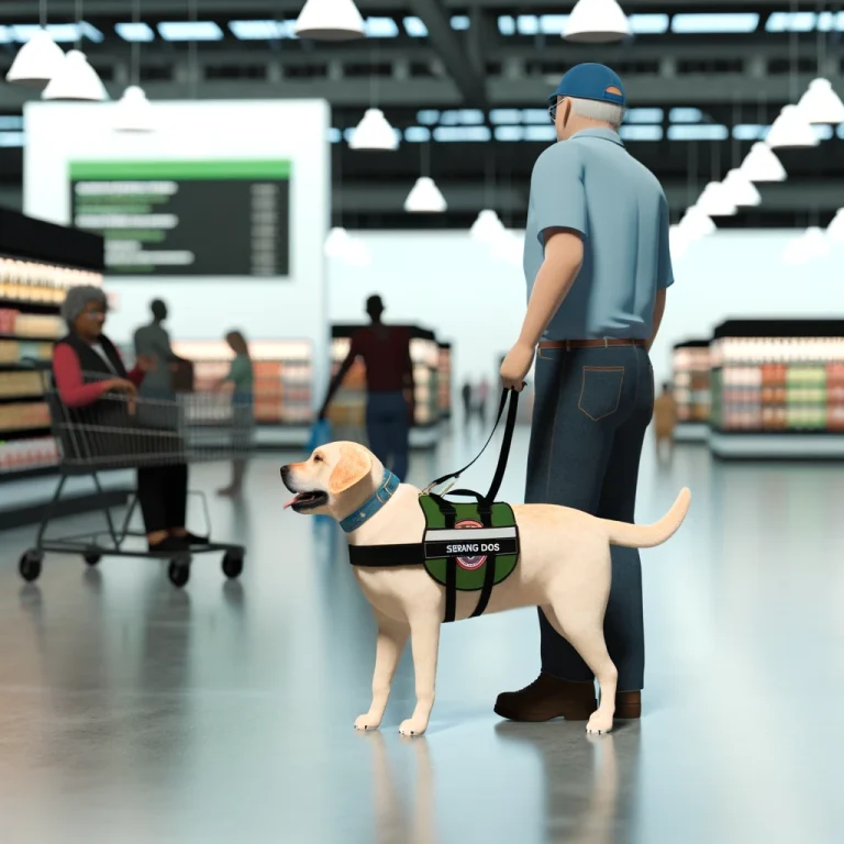 A photorealistic image of a service dog, wearing a recognizable service animal vest, accompanying its handler in a public space like a store or restaurant, demonstrating the empowerment and inclusion provided by the ADA.