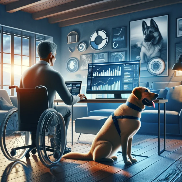 A person in their late 50s is intently focused on a laptop in a home office, indicative of their success in digital marketing, with their service dog, Sasha, loyally by their side.