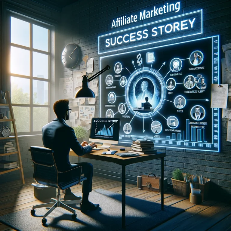 An affiliate marketer engagingly narrates a success story via a webinar, with a presentation displaying key achievements and metrics on their computer screen.