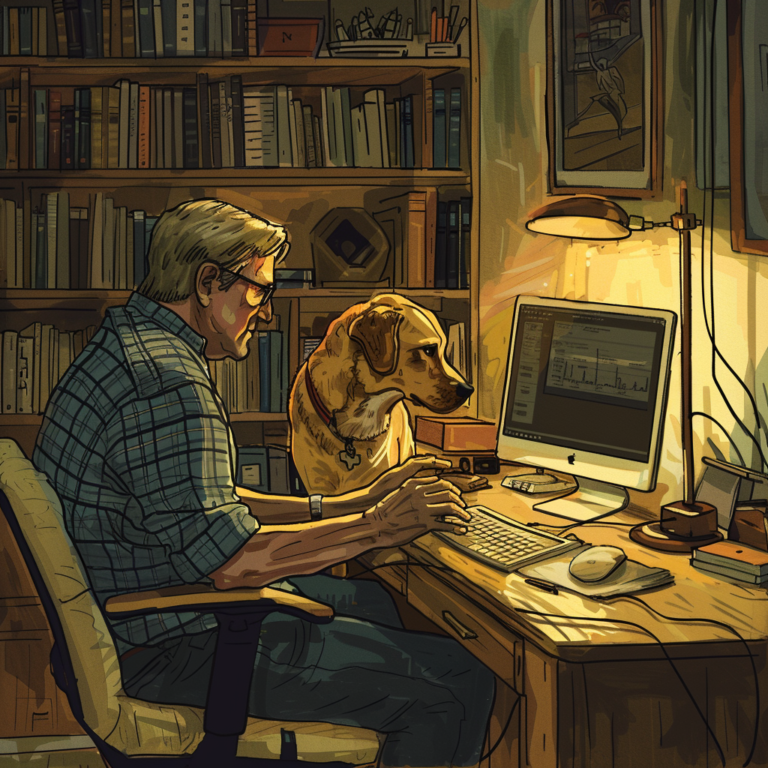 Man in his late 50s and his service dog working on digital marketing in a cozy home office.