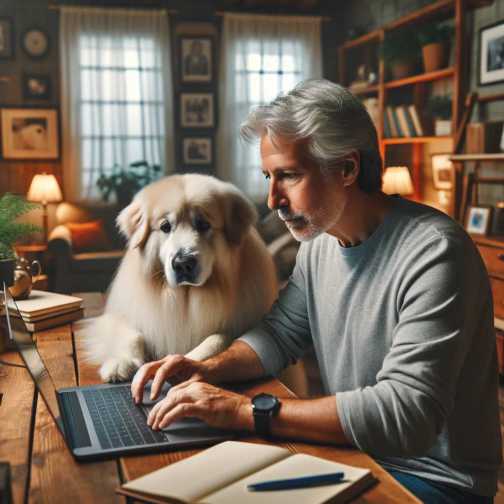 A man in his late 50s with a white service dog working on a laptop in a home office setting, embodying the spirit of entrepreneurship.