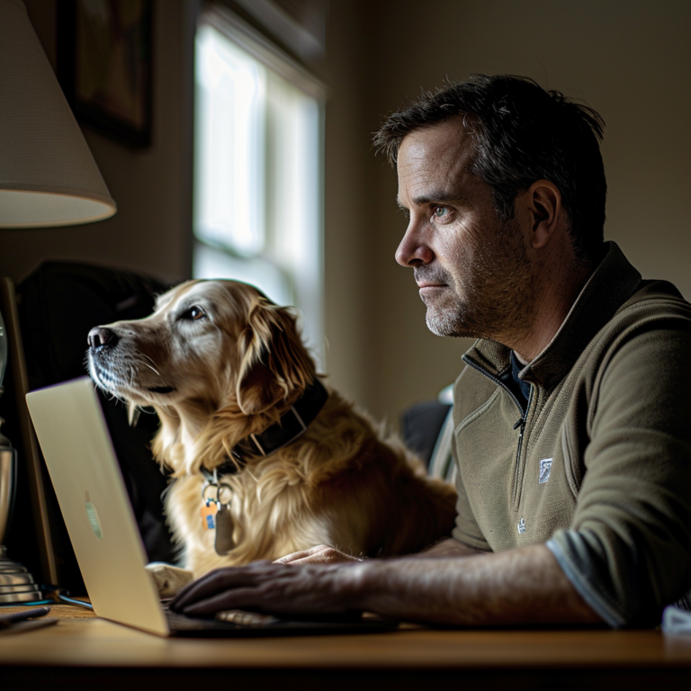 A focused man works on his laptop in a cozy home office, with his golden retriever service dog by his side, both looking towards the screen.