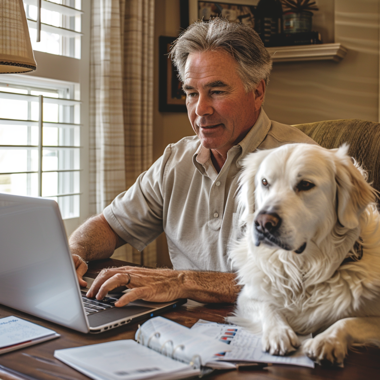 A man in his late 50s engaged in digital marketing on his laptop with his loyal white service dog by his side