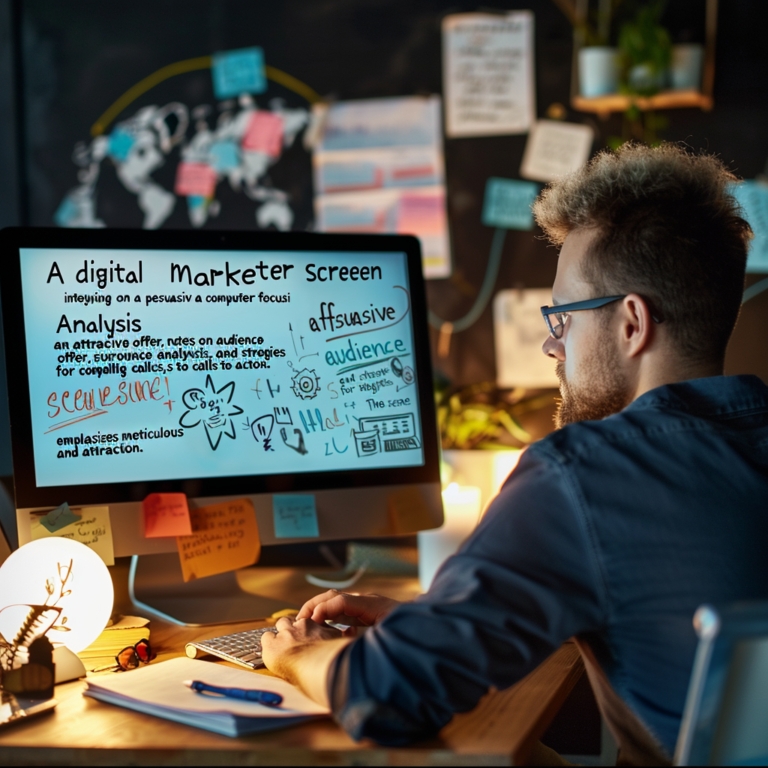 A digital marketer carefully crafting an affiliate marketing offer on a computer, with a screen full of strategic notes and colorful analysis graphs.