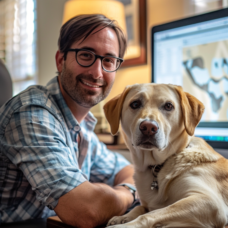 A smiling man with glasses working at his computer with his attentive yellow Labrador service dog by his side in a cozy home office setting.