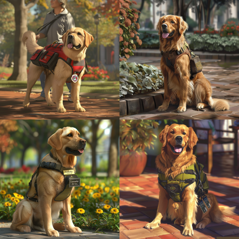 Four photorealistic images of service dogs, each showcasing different breeds with official 'Certification' vests, in various public settings that highlight their roles as certified assistants to people with disabilities