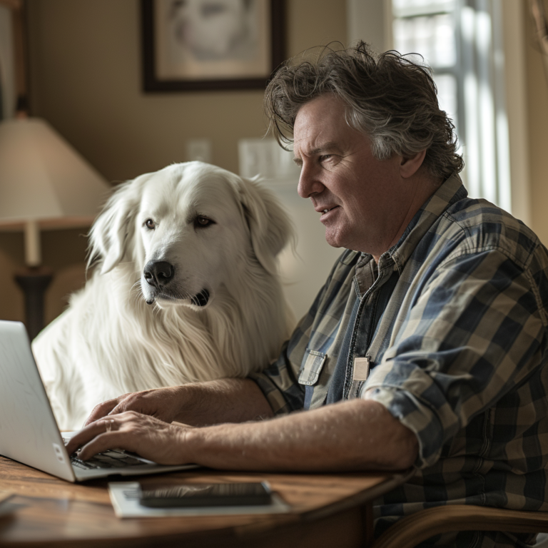 Man in his late 50s with his white service dog working together on a laptop in a home office setting.