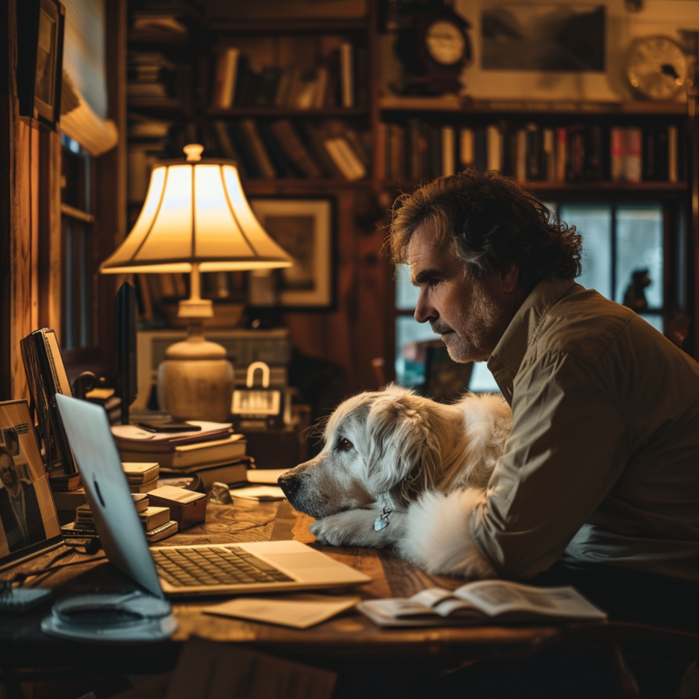 A man in his late 50s with his service dog by his side, focused on a laptop screen in a home office