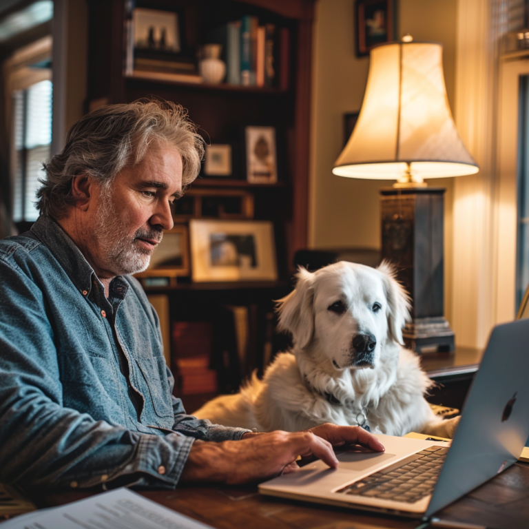 A man in his 50s with his white service dog by his laptop, planning digital marketing strategies