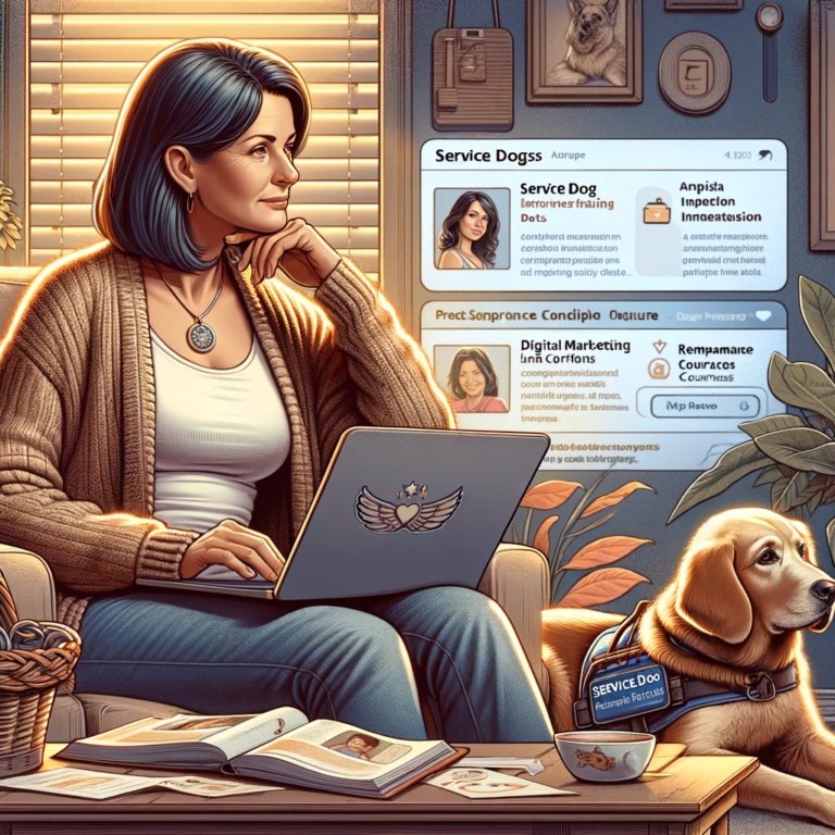 A woman with blue hair sits at home, working on a laptop adorned with a bird emblem, with an open book on her lap and a golden service dog by her side, looking up at her