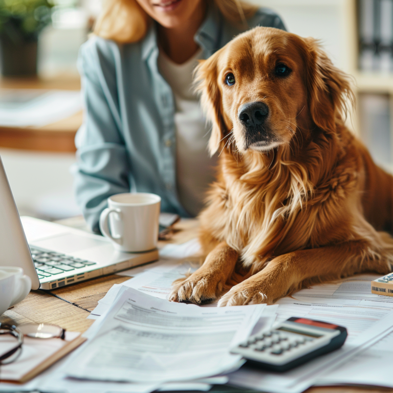 A golden retriever service dog attentively sits at a desk strewn with tax documents, a calculator, and a laptop, alongside its handler, showcasing tax planning for service dog training.