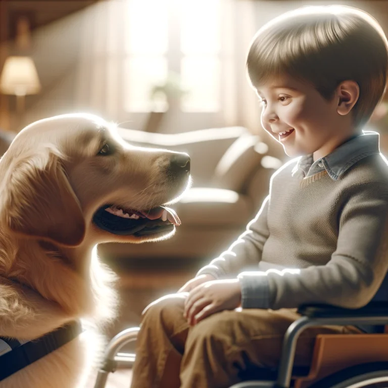 A golden retriever service dog gently interacting with a smiling child seated in a specialized chair, in a warm, home-like environment, symbolizing protection and support.