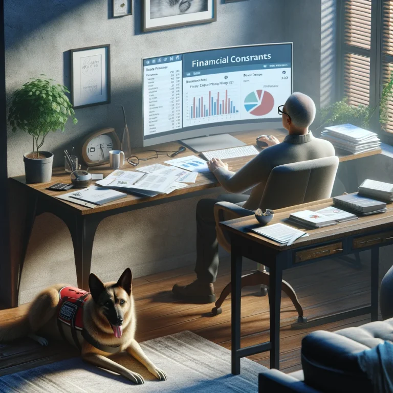 A person in their late 50s focused on their computer in a home office, with financial documents and digital marketing analytics visible. Sasha, their service dog, lies nearby, providing companionship.