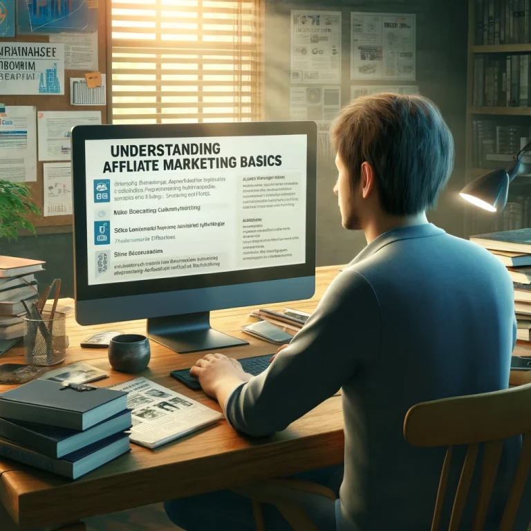 An individual in a home office setting, focused on their computer screen displaying information about affiliate marketing programs and SEO optimization, with notes and books on affiliate marketing strategies.