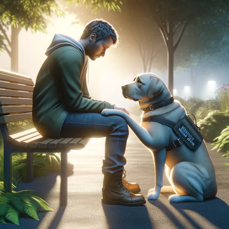 A Labrador Retriever service dog comforting a person seated on a park bench, showcasing their bond and the dog’s role in supporting mental health.