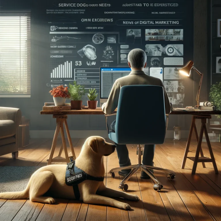 A person in their late 50s is intently focused on a computer in their home office, with their service dog, Sasha, resting nearby. The room embodies a mix of personal experience and professional digital marketing work.