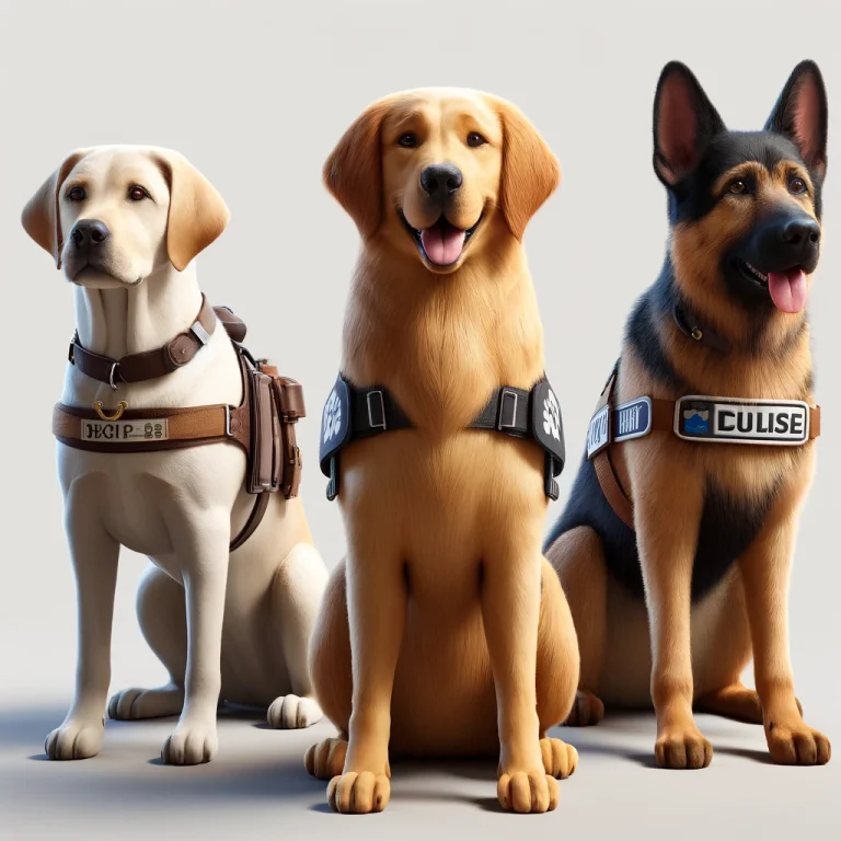 Photorealistic image of three service dog breeds: a Labrador Retriever with a guide dog harness, a Golden Retriever with a therapy vest, and a German Shepherd with a mobility assistance harness, showcasing their roles in service.