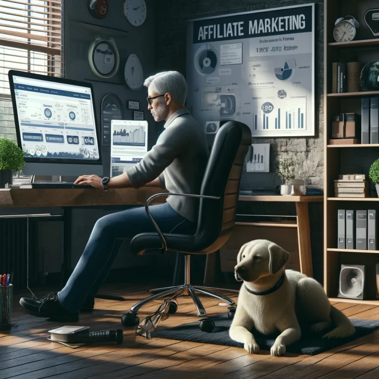 A focused individual in their late 50s engages in affiliate marketing on their computer in a home office, with their service dog, Sasha, resting beside them.