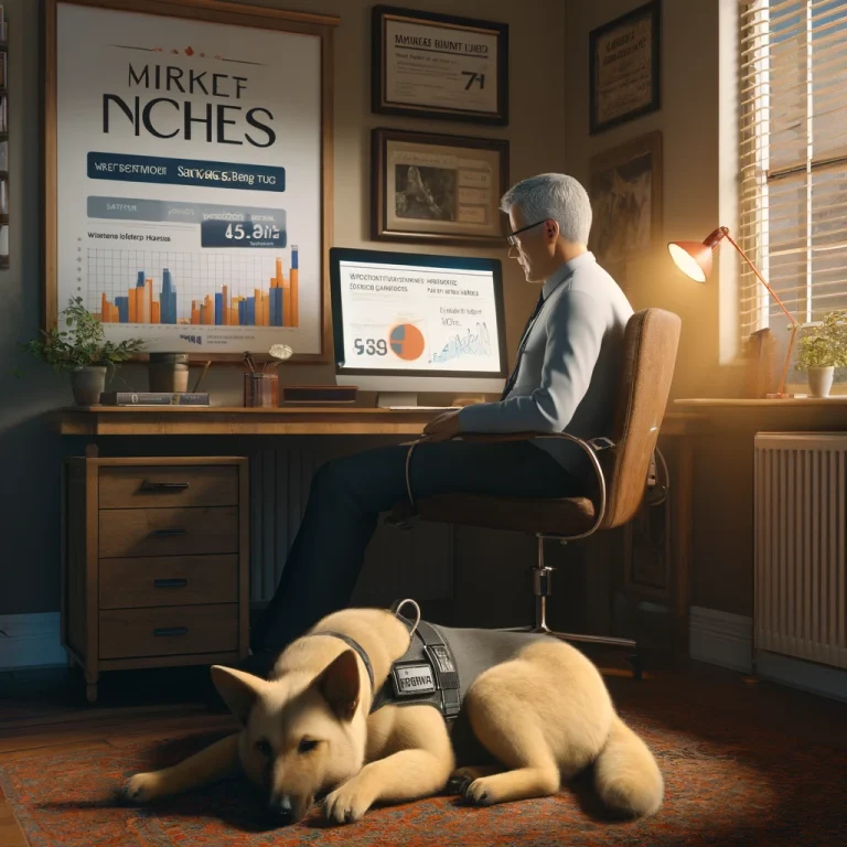 A focused individual in their late 50s sits at a home office desk, working on service dog marketing strategies, with their service dog, Sasha, resting beside them.