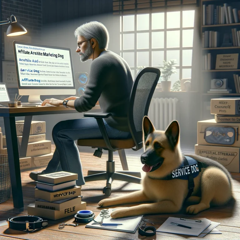 A person in their late 50s is researching and developing affiliate marketing strategies on a computer in a home office. Various types of service dog gear are displayed around them. Sasha, their service dog, is resting beside them, adding a personal touch to the professional setting.