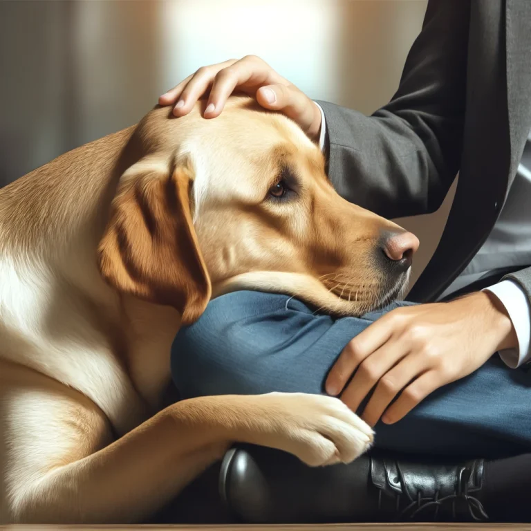 Photorealistic image of a service dog, likely a Labrador or Golden Retriever, providing comfort to an individual with anxiety, depicted by the dog's head resting gently on the person's lap in a serene environment.