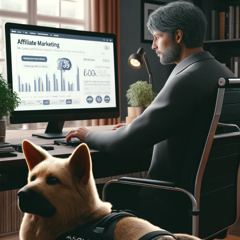 An individual in their late 50s is focused on affiliate marketing analytics on a computer screen in a home office, with their service dog, Sasha, resting peacefully beside the desk.