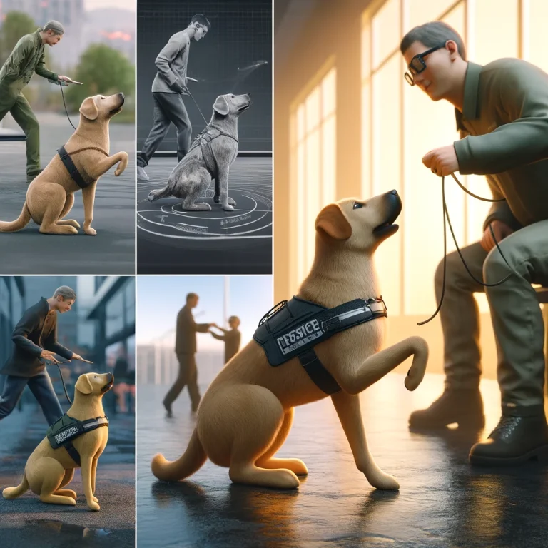 Photorealistic image showing various stages of service dog training, including a dog practicing basic commands, undergoing advanced training for specific tasks like guiding a visually impaired person, and assisting its handler in a public setting, highlighting the progression and partnership in training.