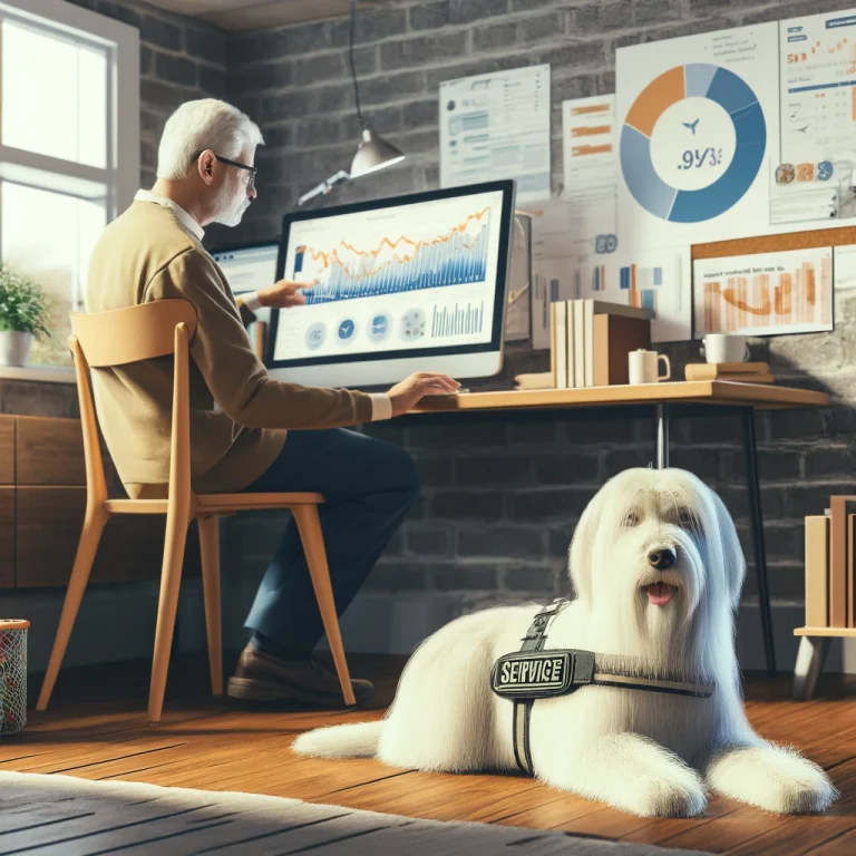 An individual in their late 50s is intently studying demographic data on a computer in a home office, with Sasha, a white long-haired terrier-like service dog, resting beside them.