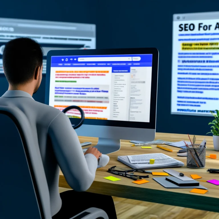 An individual focused on their computer screen displaying SEO analytics and affiliate marketing strategies in a home office setup.