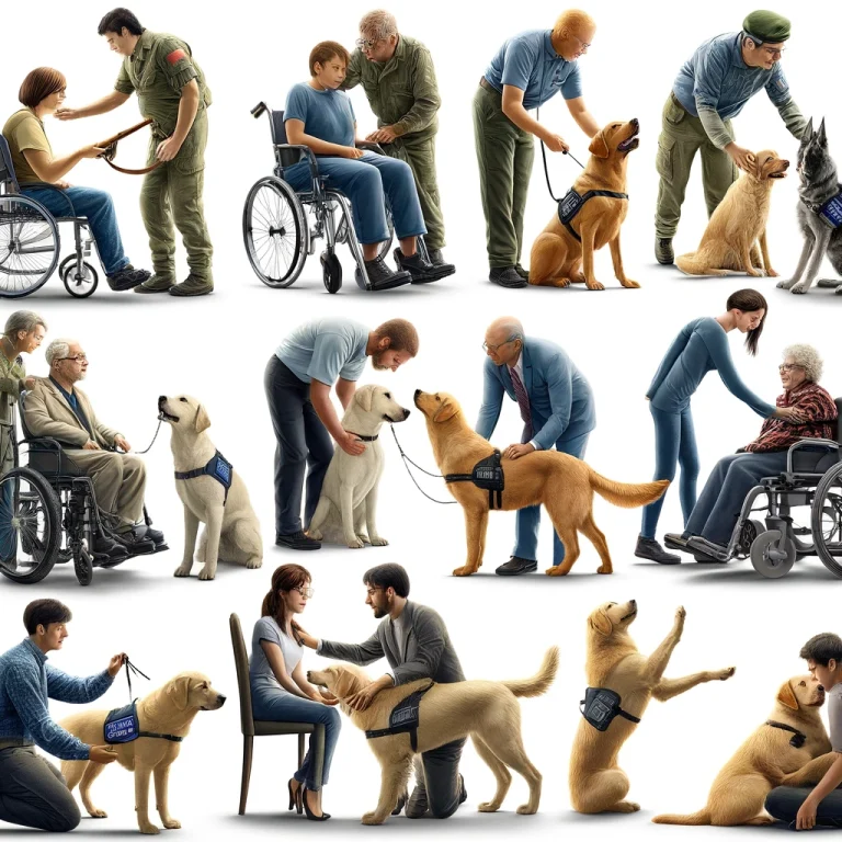 Photorealistic image showing various service dogs assisting people with different disabilities, including a guide dog with a visually impaired person, a hearing dog with a deaf individual, a mobility assistance dog aiding someone with physical challenges, and a psychiatric service dog with a person facing mental health issues.