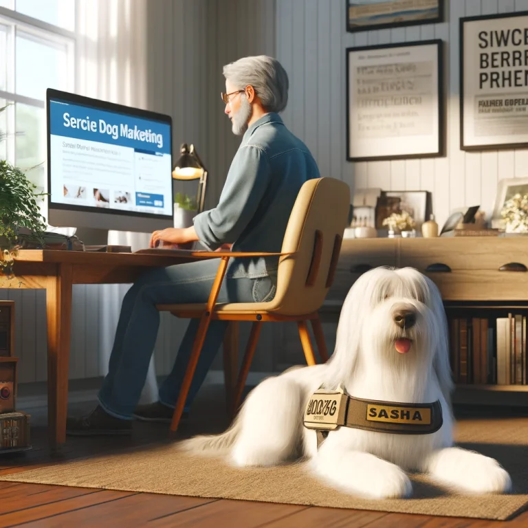 A person in their late 50s is intently working on social media marketing strategies for service dog products on a computer in a home office, with Sasha, a white, long-haired terrier-like service dog, resting peacefully by their side.