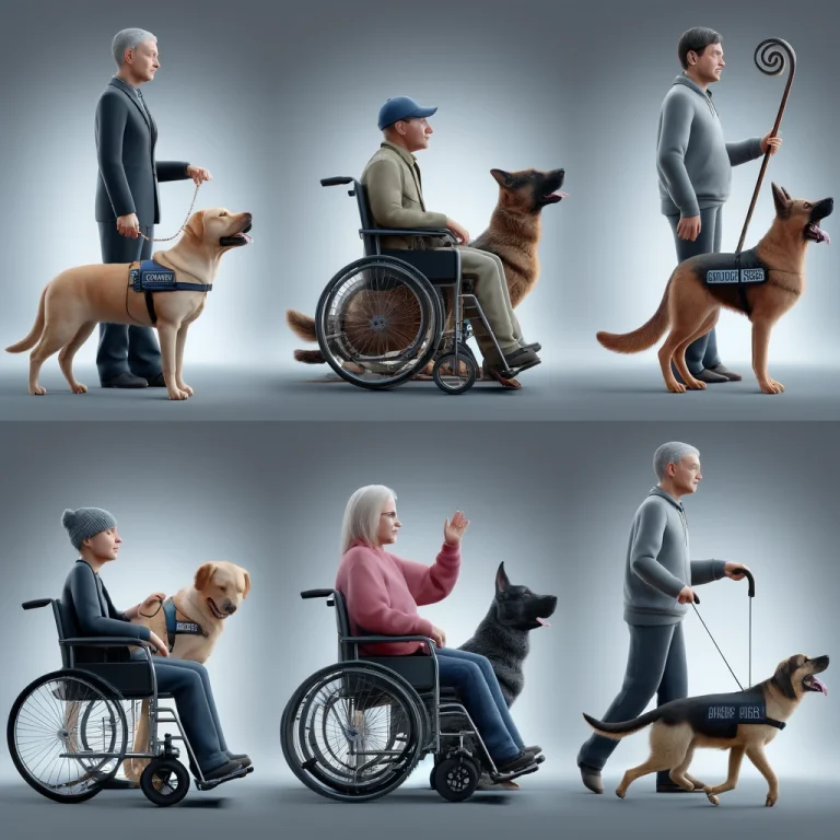 Photorealistic image depicting five scenarios: a guide dog with a visually impaired person, a hearing dog with a deaf individual, a mobility assistance dog with someone in a wheelchair, a psychiatric service dog with a person in distress, and a medical alert dog with someone experiencing a medical emergency.