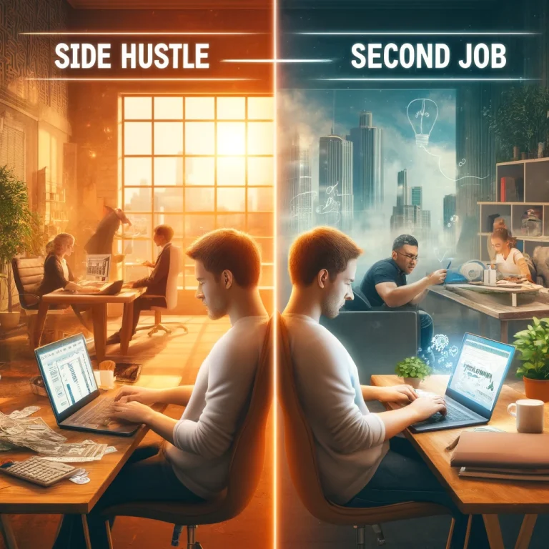 A split scene depicting two contrasting work environments: one side shows an individual in a traditional office setting for a second job, while the other side shows a person in a relaxed home environment working on a laptop, symbolizing a side hustle.