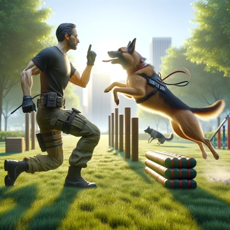 Dynamic scene of a service dog training in a park, jumping over an obstacle while the handler gives commands.