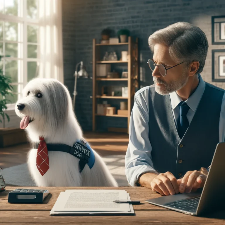 A man in his late 50s, intently working at his laptop in a cozy home office, with his service dog Sasha, a thin white medium long-haired terrier, sitting beside him.