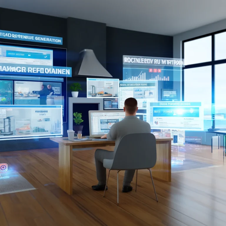 An entrepreneur in a modern home office, surrounded by digital screens showcasing online marketing strategies, including partnership promotions and social media campaigns.