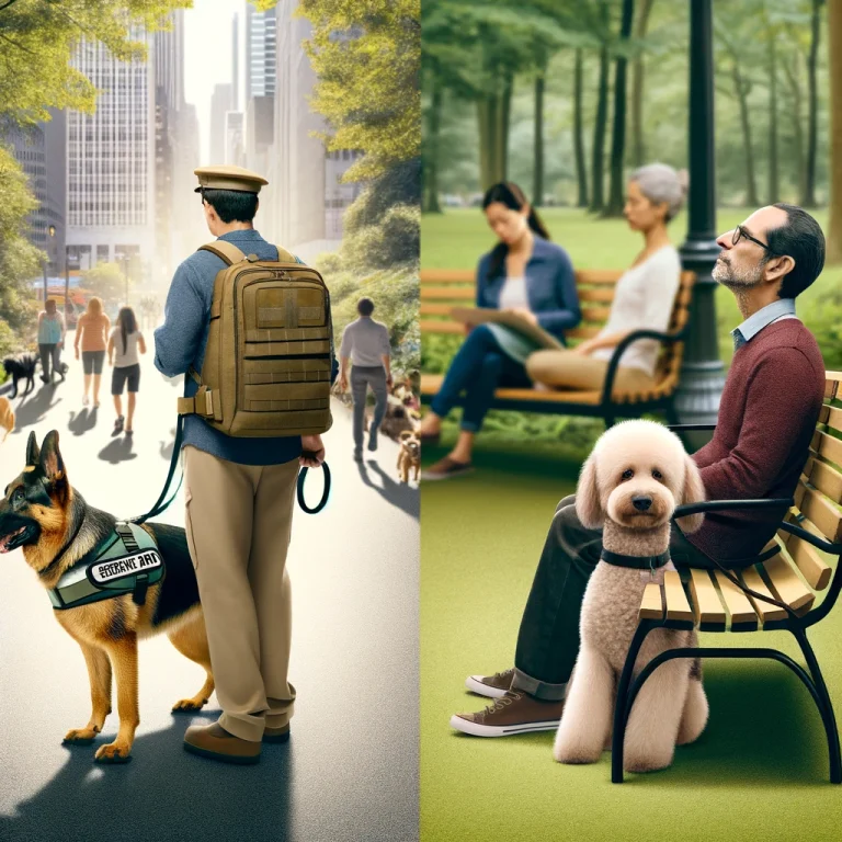 A German Shepherd service dog assists a person with mobility issues in an urban park, while a fluffy Poodle provides emotional support to another individual on a park bench.