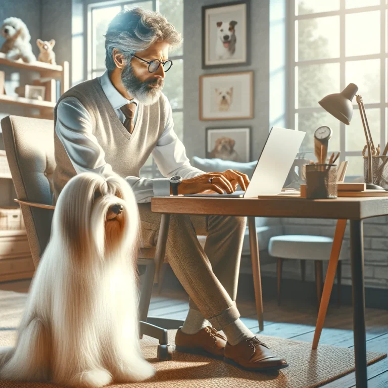 A man in his late 50s is focused on his laptop in a home office, with his service dog, Sasha, a thin white long-haired terrier, sitting beside him, symbolizing dedication to service dog affiliate marketing.