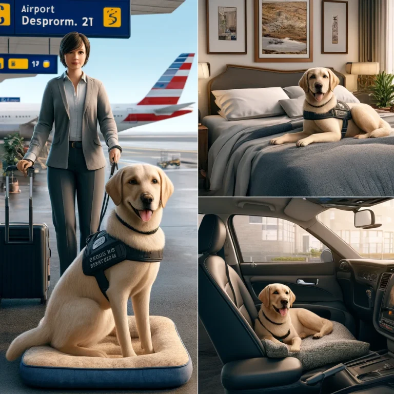 Photorealistic image showing a service dog and its handler in various travel scenarios: at an airport, in a hotel room, and secured in a car