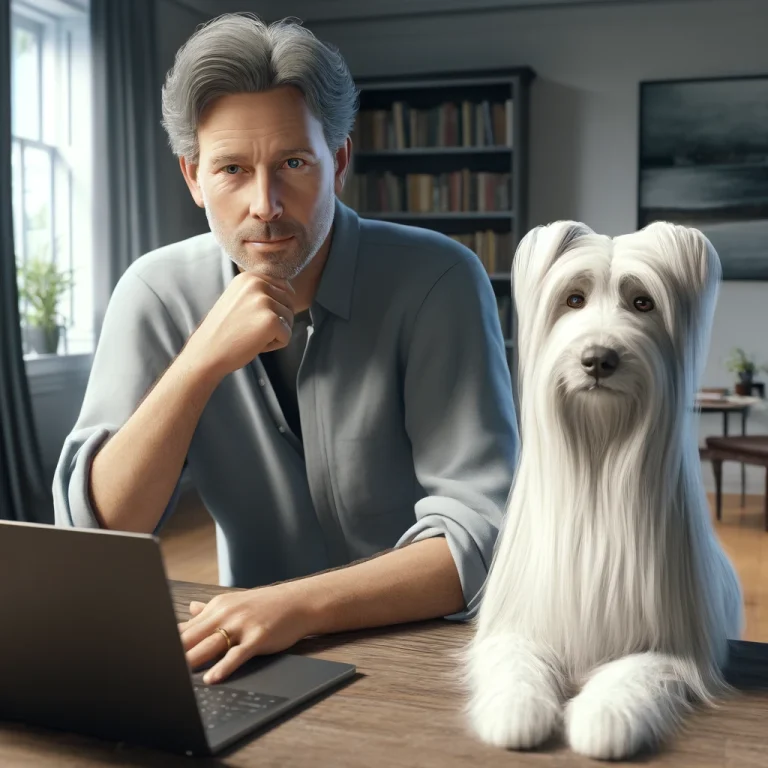 A man in his late 50s, sitting at a home office desk with a laptop, accompanied by his white, long-haired terrier, Sasha, planning affiliate marketing strategies for service dog accessories.