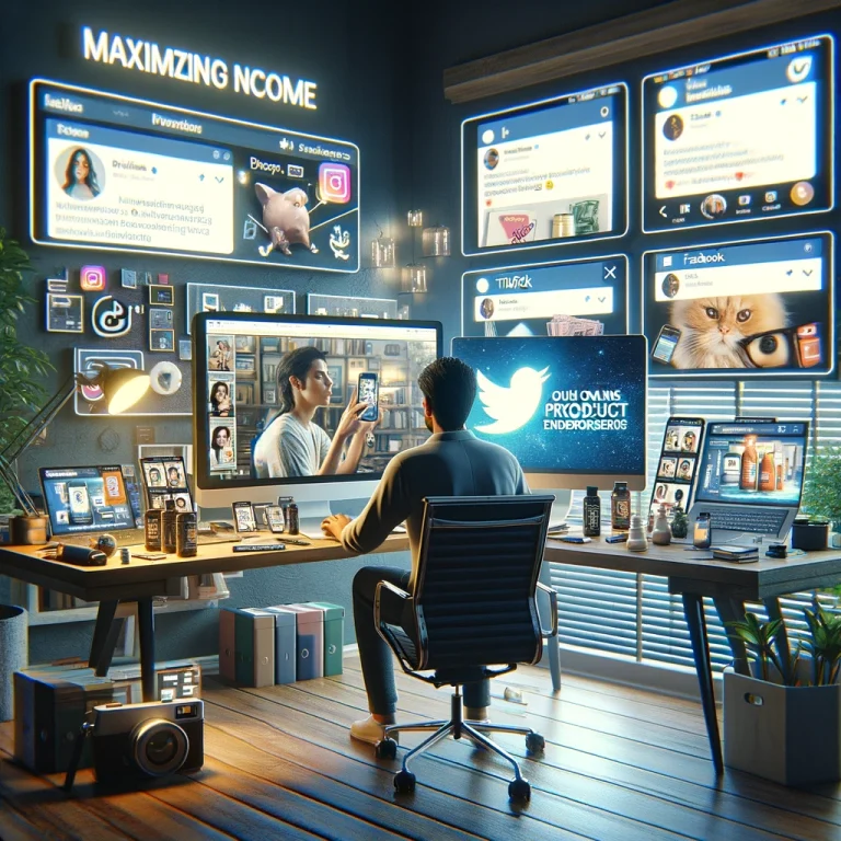 Entrepreneur in a modern home office working on a computer with screens showing social media platforms Instagram, TikTok, Facebook, and Twitter, actively managing online product endorsements.