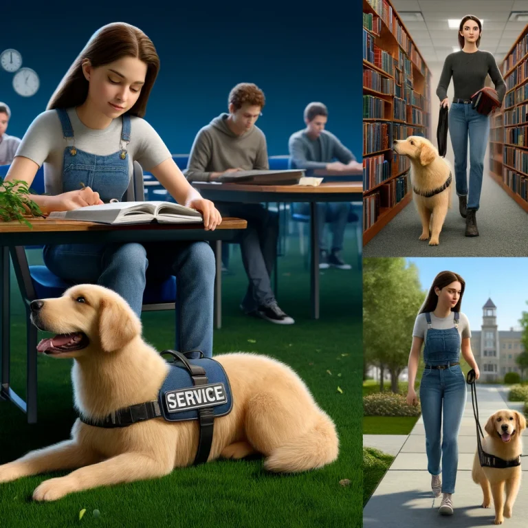 Photorealistic image of a young woman with a golden retriever service dog at a university. They are seen in a classroom, library, and outdoor campus setting, showcasing daily activities.